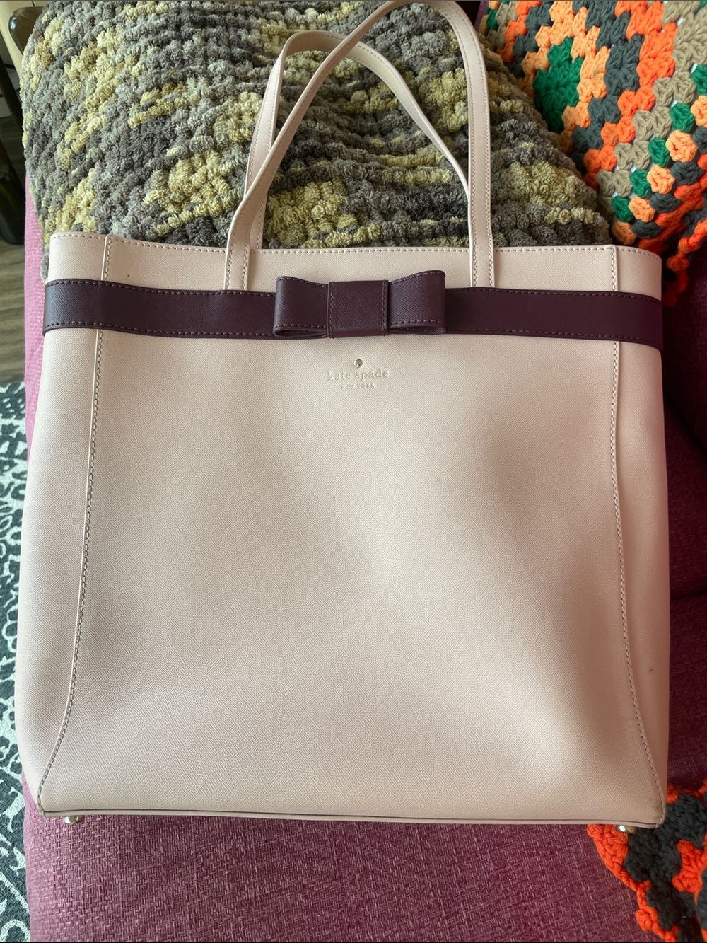 kate spade Pale Pink Tote with Deep Burgundy Bow Trim.